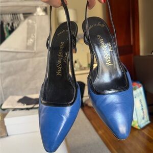 Yves Saint Laurent Blue Leather Pointed Slingback Pumps